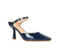 Women's Heeled Mules Ladies Mid High Heel Pumps Navy Patent Adjustable Strap Court Shoes Size 8