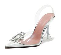Women's Heels Shoes Crystal Rhinestones Slingback Wedding Shoes Pointed Toe High Heel Sandals Stiletto Pumps Slip on High Heels,Clear,5.5