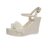 Women's Height-Raising Wedge Sandals, Thick Soles, Slip-On Sandals with Adjustable Buckle, Non-Slip Toe Separator with Rhinestone Beads, Elegant Summer Sandals with Slanted Heel, Outdoor Sandals