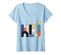 Women's HEJ Abstract Geometric Block Typography V-Neck T-Shirt