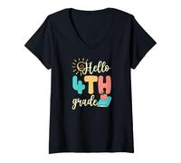 Women's Hello 4th Grade Fourth Grader School Picture Day Sunshine V-Neck T-Shirt