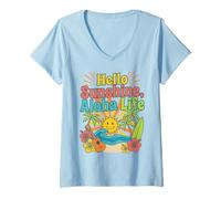 Women's Hello Aloha Life Tropical Sunshine Hawaii Beach Vibes Design V-Neck T-Shirt
