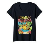 Women's Hello Aloha Life Tropical Sunshine Hawaii Beach Vibes Design V-Neck T-Shirt