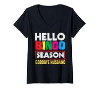 Womens Hello Bingo Season Goodbye Husband Fun Colors V-Neck T-Shirt