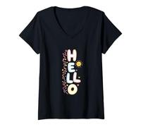 Women's Hello Cute Pastel Kawaii Happy Doodle Greeting V-Neck T-Shirt