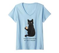 Women's Hello Darkness My Old Friend Black Cat Coffee Lover Retro V-Neck T-Shirt