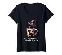 Womens Hello Darkness My Old Friend Black Cat Coffee Mug Witch Cat V-Neck T-Shirt