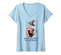 Womens Hello Darkness My Old Friend Black Cat Coffee Mug Witchy Cat V-Neck T-Shirt