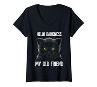 Womens Hello Darkness My Old Friend Cat tee graphic V-Neck T-Shirt