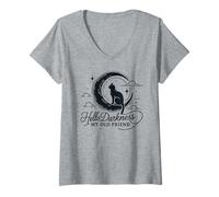 Womens Hello Darkness My Old Friend Crescent Moon Cat Art Design V-Neck T-Shirt