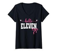 Womens Hello Eleven Est 2014 Coquette Bow 11th Birthday Girl V-Neck T-Shirt