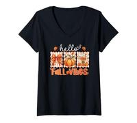 Womens Hello Fall Vibes Autumn Pumpkin Bow Coffee Cup Cute Seasonal V-Neck T-Shirt