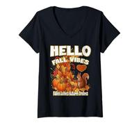 Womens Hello Fall Vibes Fallen Leaves Autumn Dreams Pumpkins V-Neck T-Shirt