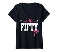Womens Hello Fifty Est 1975 Coquette Bow 50th Birthday Girl V-Neck T-Shirt