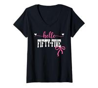 Womens Hello Fifty-Five Est 1970 Coquette Bow 55th Birthday Girl V-Neck T-Shirt