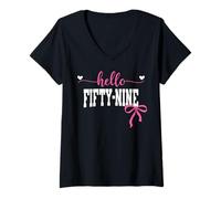 Womens Hello Fifty-Nine Est 1966 Coquette Bow 59th Birthday Girl V-Neck T-Shirt