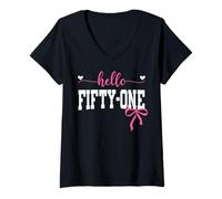 Womens Hello Fifty-one Est 1974 Coquette Bow 51st Birthday Girl V-Neck T-Shirt