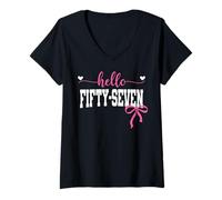 Womens Hello Fifty-Seven Est 1968 Coquette Bow 57th Birthday Girl V-Neck T-Shirt