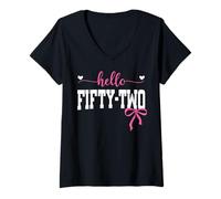 Womens Hello Fifty-Two Est 1973 Coquette Bow 52nd Birthday Girl V-Neck T-Shirt