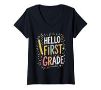 Women's Hello First Grade Pencil Fun Back to School Boy Girl V-Neck T-Shirt