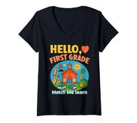 Womens HELLO, FIRST GRADE WATCH ME LEARN starting school learning V-Neck T-Shirt