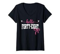 Womens Hello Forty-Eight Est 1977 Coquette Bow 48th Birthday Girl V-Neck T-Shirt