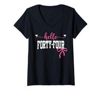 Womens Hello Forty-Four Est 1981 Coquette Bow 44th Birthday Girl V-Neck T-Shirt