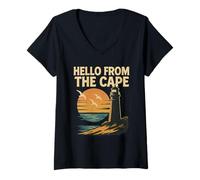 Womens Hello From The Cape Shirt Vintage Lighthouse Seagull Sunset V-Neck T-Shirt
