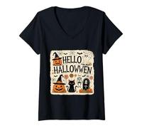 Womens Hello Halloween Vintage Design - Pumpkin Skeleton V-Neck T-Shirt