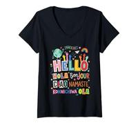 Women's Hello in Different Languages Multilingualism Peace Love V-Neck T-Shirt