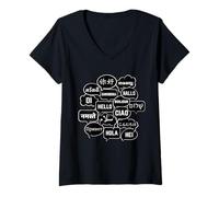 Womens Hello in Many Languages Translator Globetrotter Polyglot V-Neck T-Shirt