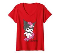 Women's Hello Kitty Kuromi Street Style Skateboard Fun Classic Pose V-Neck T-Shirt
