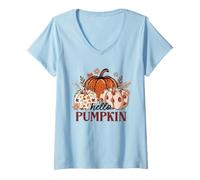 Women's Hello Pumpkin Hey There Pumpkin Boho Floral Holiday Women V-Neck T-Shirt
