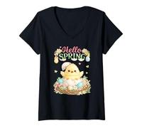 Women's Hello Spring Chick Easter Eggs Flowers V-Neck T-Shirt