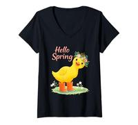 Women's Hello Spring Floral Duck Cute Baby Duckling V-Neck T-Shirt