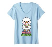 Women's Hello Spring Kawaii Duck Flower Bouquet Cute Pastel Cartoon V-Neck T-Shirt