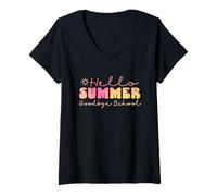 Women's Hello Summer Goodbye School Soft Gradient Lettering End of S V-Neck T-Shirt