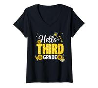 Women's Hello Third Grade Science Sunflower Bee First Day of School V-Neck T-Shirt