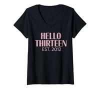 Women's Hello Thirteen Est 2012 Young Adult Youth V-Neck T-Shirt