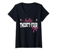 Womens Hello Twenty-Four Est 2001 Coquette Bow 24th Birthday Girl V-Neck T-Shirt