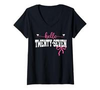Womens Hello Twenty-Seven Est 1998 Coquette Bow 27th Birthday Girl V-Neck T-Shirt