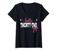 Womens Hello Twenty-Two Est 2003 Coquette Bow 22nd Birthday Girl V-Neck T-Shirt