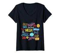 Womens Hello Word in Different Languages Travel and Teacher Gift V-Neck T-Shirt