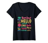 Womens Hello Word In Different Languages Travel Journey Traveling V-Neck T-Shirt