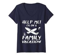 Women's Help Me! I'm On A Family Vacation Holiday Beach Travel 2022 V-Neck T-Shirt, Navy Blue, Medium