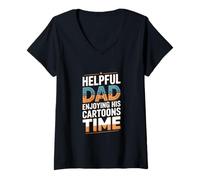 Women's Helpful Dad Enjoying His Cartoons Time Funny Father V-Neck T-Shirt