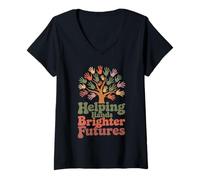 Women's Helping Hands Brighter Futures Retro Groovy Teacher Support V-Neck T-Shirt