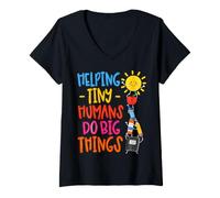 Women's Helping Tiny Humans Do Big Things Back to School Teachers V-Neck T-Shirt