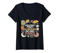 Women's Helping Tiny Humans Do Big Things Teacher Retro Boho Floral V-Neck T-Shirt