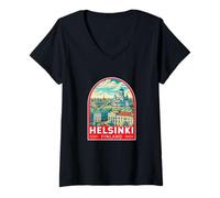 Womens Helsinki Finland Travel Art Emblem Vintage V-Neck T-Shirt